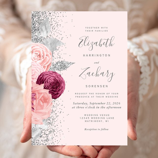 Invitación Purpurina floral Rubor rosado  borgoña Boda (Subido por el creador)