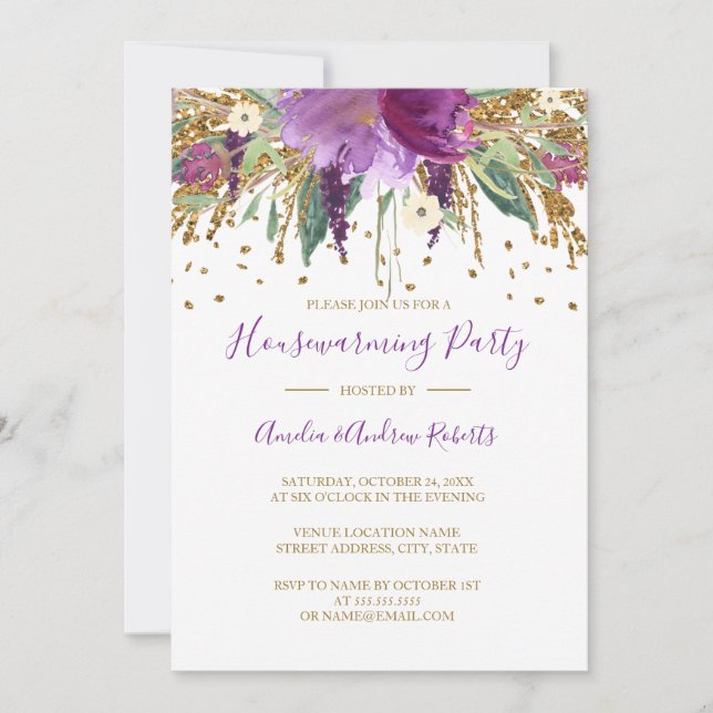 Invitación Purpurina floral Sparkling Amethyace Calentador de (Anverso)