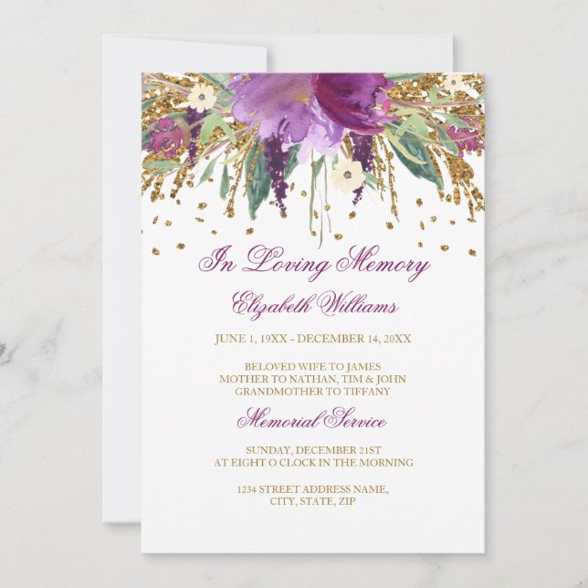 Invitación Purpurina floral Sparkling AmethyMemorial Service (Anverso)