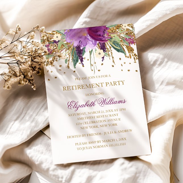 Invitación Purpurina floral Sparkling AmethyRetirement Fiesta (Subido por el creador)
