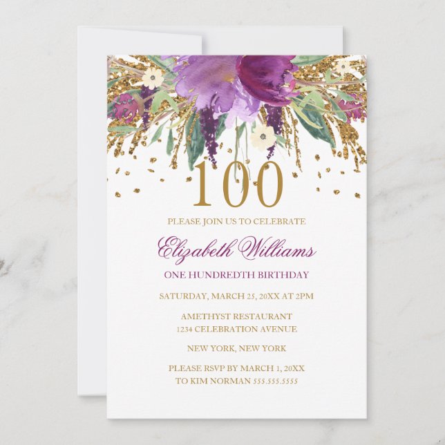 Invitación Purpurina floral Sparkling Amethyst 100th Birthday (Anverso)