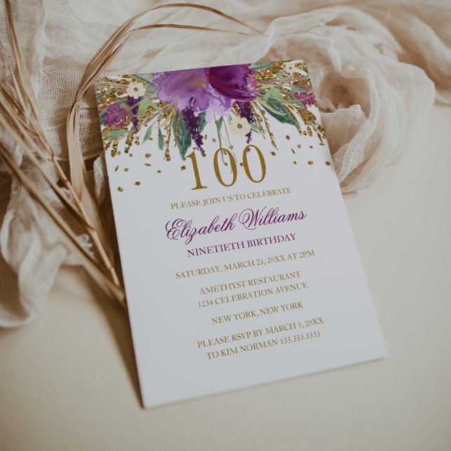 Invitación Purpurina floral Sparkling Amethyst 100th Birthday (Subido por el creador)