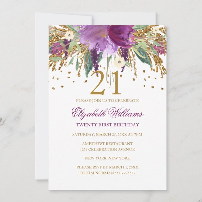 Invitación Purpurina floral Sparkling Amethyst 21st Birthday (Anverso)