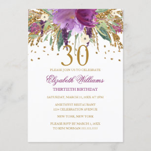Invitación Purpurina floral Sparkling Amethyst 30th Birthday