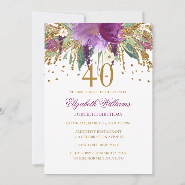 Invitación Purpurina floral Sparkling Amethyst 40th Birthday (Anverso)