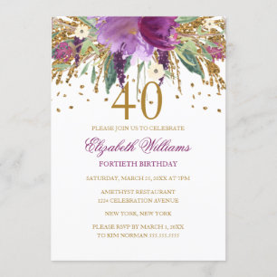 Invitación Purpurina floral Sparkling Amethyst 40th Birthday