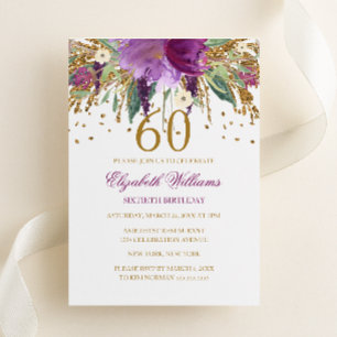 Invitación Purpurina floral Sparkling Amethyst 60th Birthday