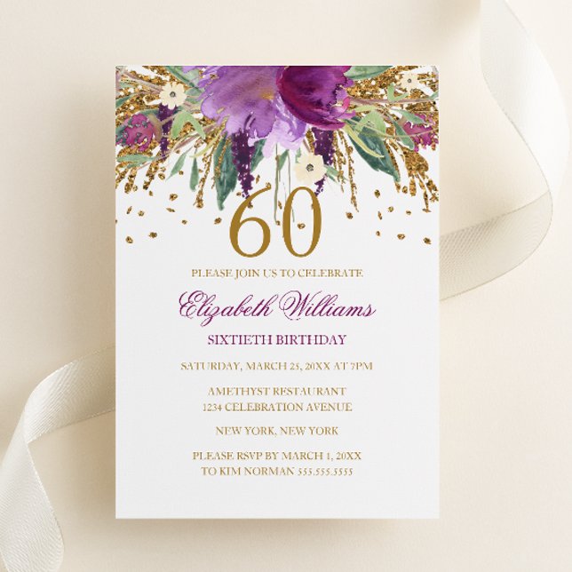 Invitación Purpurina floral Sparkling Amethyst 60th Birthday (Subido por el creador)