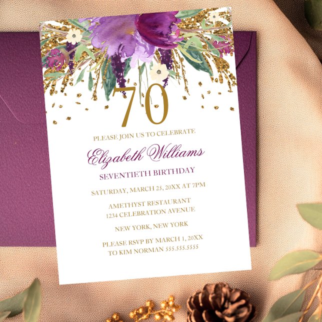 Invitación Purpurina floral Sparkling Amethyst 70th Birthday (Subido por el creador)