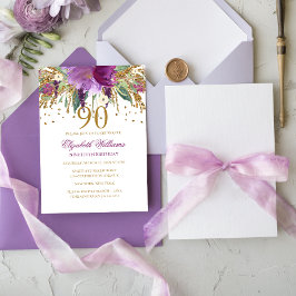 Invitación Purpurina floral Sparkling Amethyst 90th Birthday