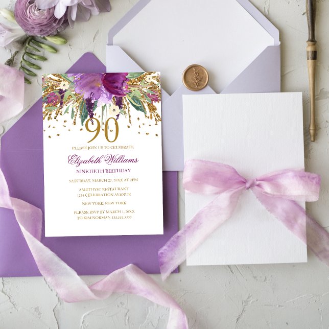 Invitación Purpurina floral Sparkling Amethyst 90th Birthday (Subido por el creador)