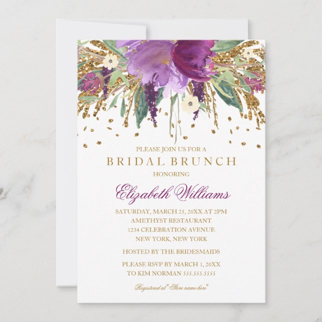 Invitación Purpurina floral Sparkling Amethyst Bridal Brunch (Anverso)