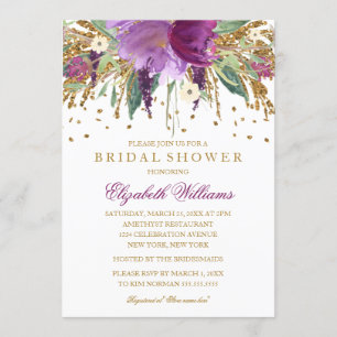 Invitación Purpurina floral Sparkling Amethyst Bridal Shower