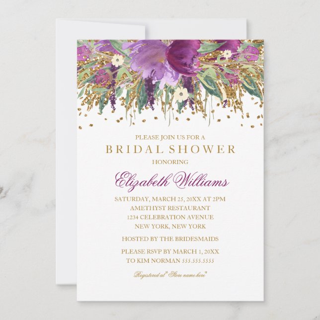 Invitación Purpurina Floral Sparkling Amethyst Bridal Shower (Anverso)