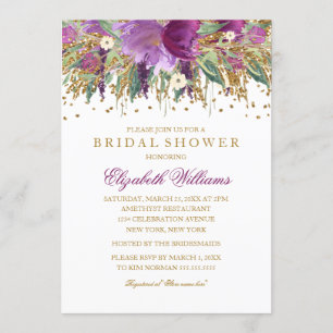 Invitación Purpurina Floral Sparkling Amethyst Bridal Shower