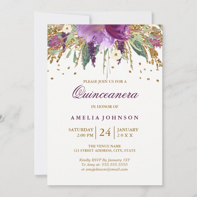 Invitación Purpurina floral Sparkling Amethyst Quinceanera (Anverso)
