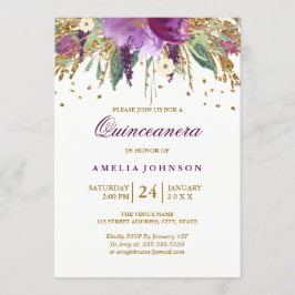 Invitación Purpurina floral Sparkling Amethyst Quinceanera