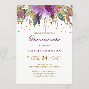 Invitación Purpurina floral Sparkling Amethyst Quinceanera