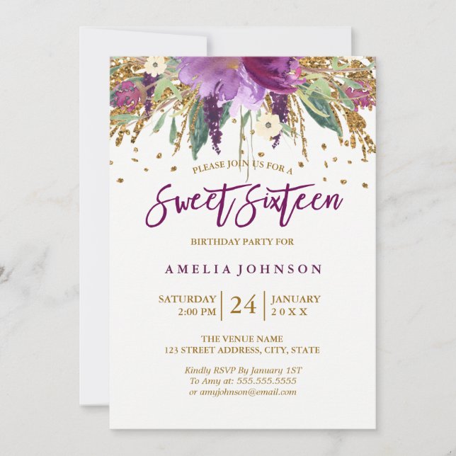 Invitación Purpurina floral Sparkling Amethyst Sweet 16 (Anverso)