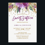 Invitación Purpurina floral Sparkling Amethyst Sweet 16<br><div class="desc">Si desea conocer la colección,  visite nuestra tienda Little Bayleigh. Hemos utilizado obras de arte de: www.createthecut.com</div>
