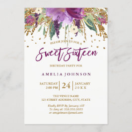 Invitación Purpurina floral Sparkling Amethyst Sweet 16