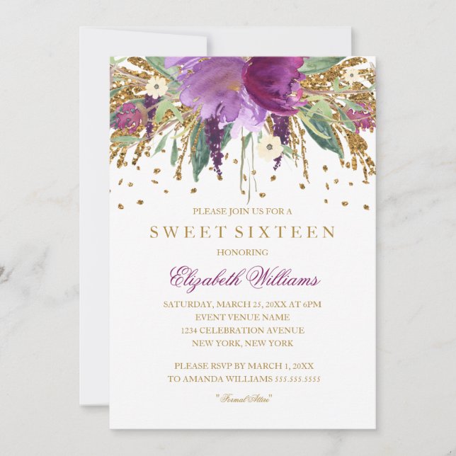 Invitación Purpurina floral Sparkling Amethyst Sweet 16 Invit (Anverso)