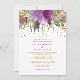 Invitación Purpurina floral Sparkling Amethyst Wedding Invite