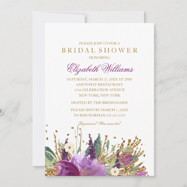 Invitación Purpurina floral Sparkling Bridal Shower Invite (Anverso)