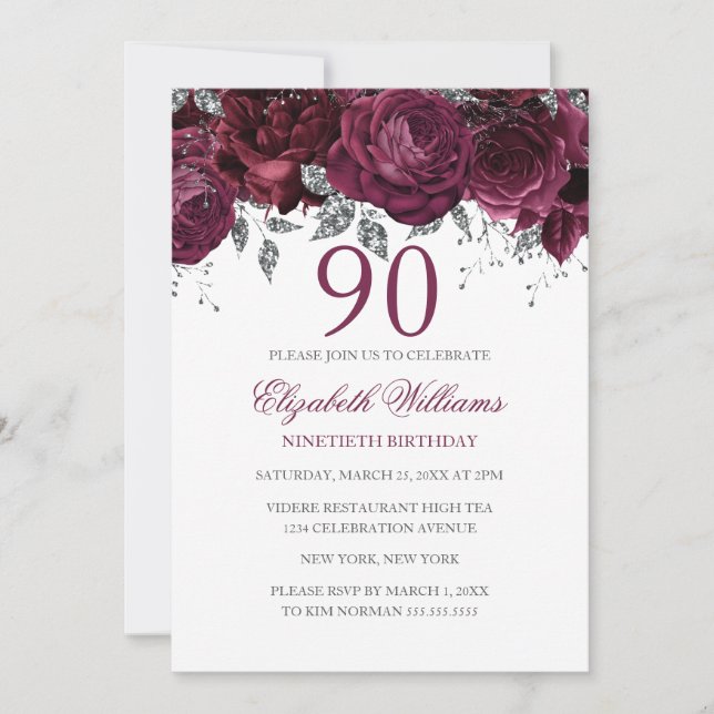 Invitación Purpurina floral Sparkling Burgundy 90 cumpleaños (Anverso)