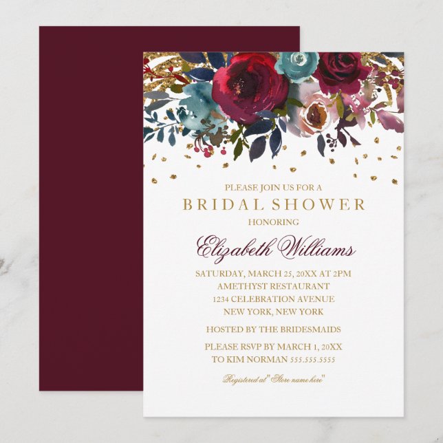 Invitación Purpurina floral Sparkling Burgundy Bridal Shower (Anverso / Reverso)