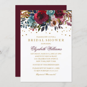 Invitación Purpurina floral Sparkling Burgundy Bridal Shower