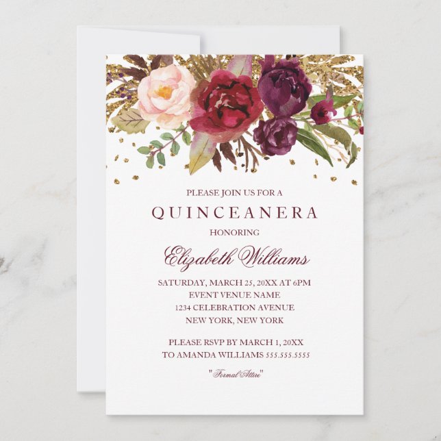 Invitación Purpurina floral Sparkling Burgundy Quinceanera (Anverso)
