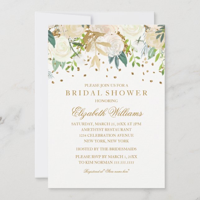 Invitación Purpurina floral Sparkling Gold Bridal Shower (Anverso)