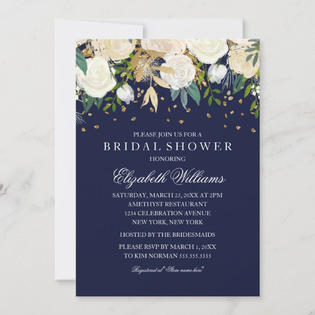 Invitación Purpurina floral Sparkling Gold Nave Shower (Anverso)