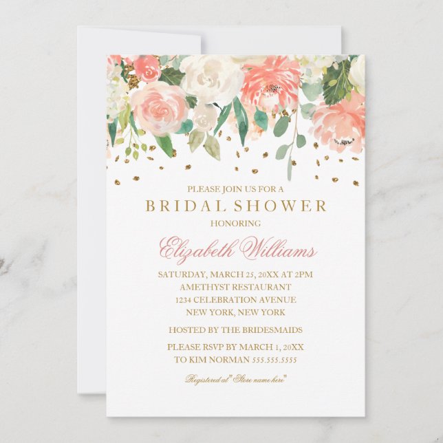 Invitación Purpurina floral Sparkling Peach Bridal Shower (Anverso)
