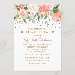 Invitación Purpurina floral Sparkling Peach Bridal Shower