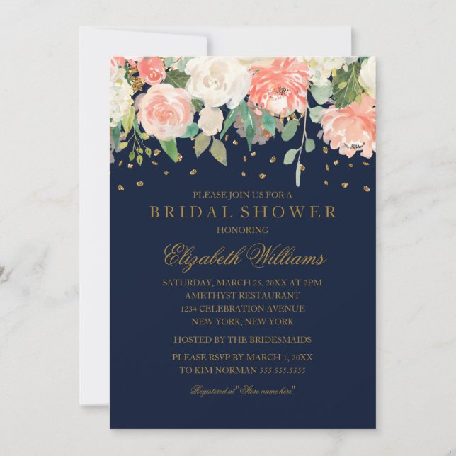 Invitación Purpurina floral Sparkling Peach Naval Bridal Show (Anverso)