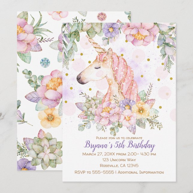 Invitación Purpurina Floral Unicornio Chicas fiesta de cumple (Anverso / Reverso)