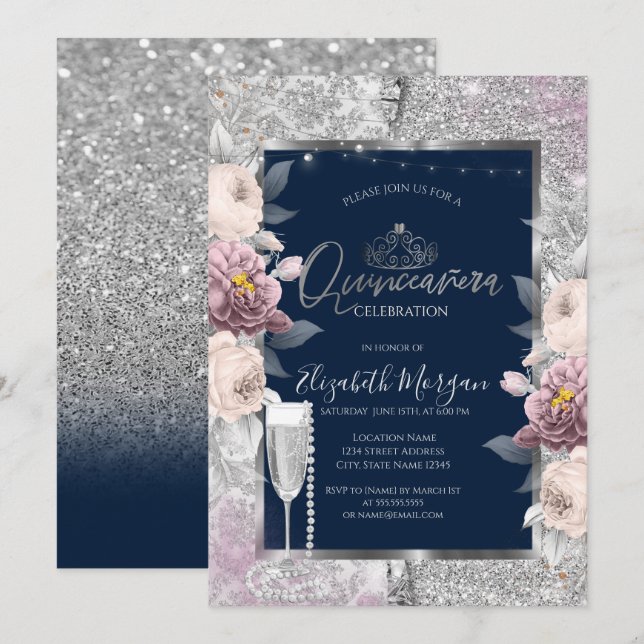 Invitación Purpurina, Flores de Boho, Quinceanera azul de Per (Anverso / Reverso)