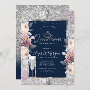 Invitación Purpurina, Flores de Boho, Quinceanera azul de Per