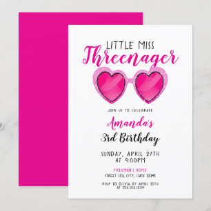 Invitación Purpurina Gafas de sol rosadas Threenager tercer c