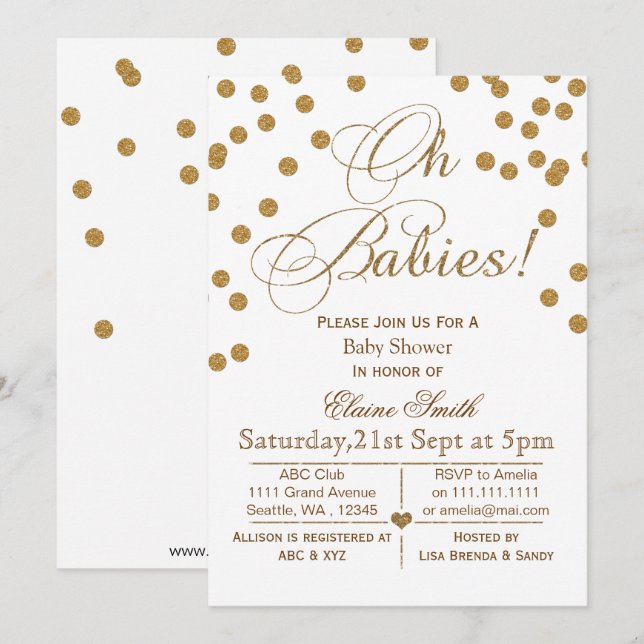 Invitación Purpurina gemelos blancos y dorados con ducha de b (Anverso / Reverso)