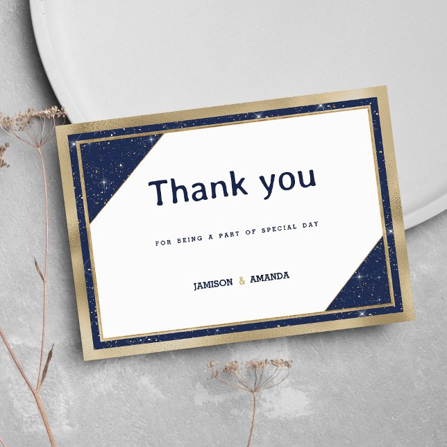 Invitación Purpurina geométrico azul marino de oro blanco Gra (White gold navy blue glitter geometric Thank You)
