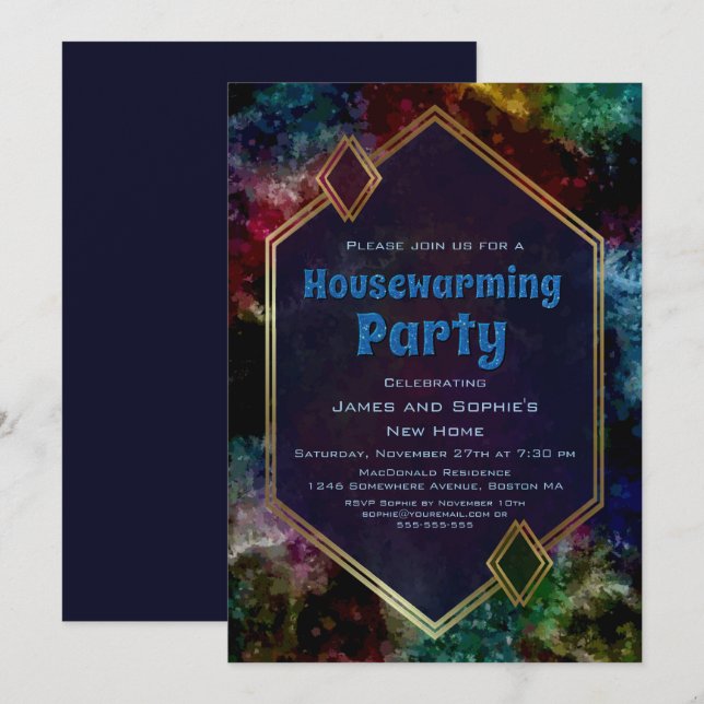 Invitación Purpurina Geométrico de Oro Azul  Fiesta de Calent (Anverso / Reverso)