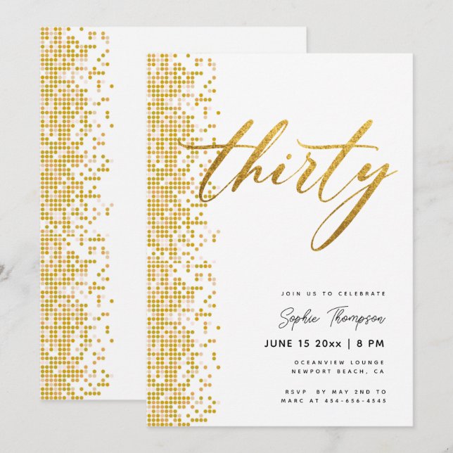 Invitación Purpurina Geométrico de Oro Blanco Elegante 30 cum (Anverso / Reverso)