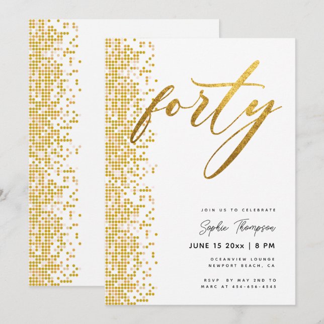 Invitación Purpurina Geométrico de Oro Blanco Elegante 40 cum (Anverso / Reverso)