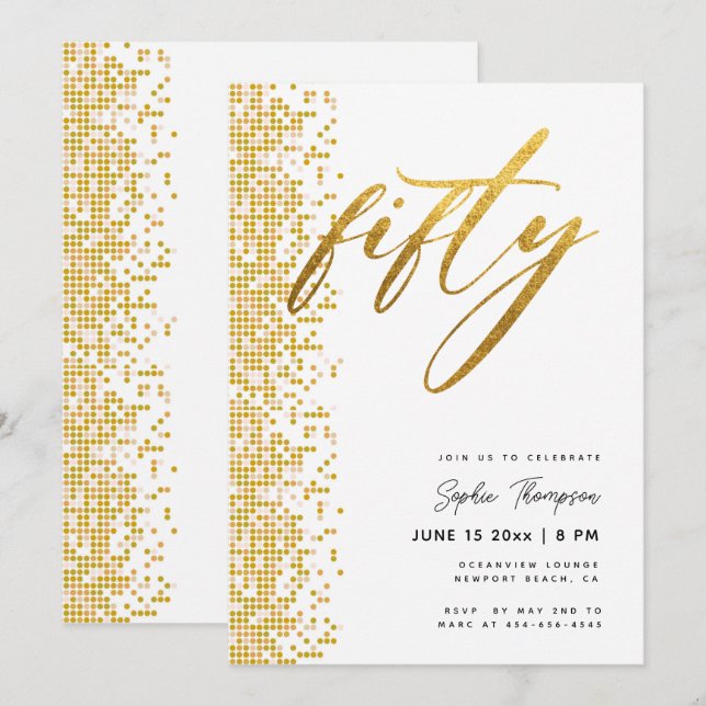 Invitación Purpurina Geométrico de Oro Blanco Elegante 50 cum (Anverso / Reverso)