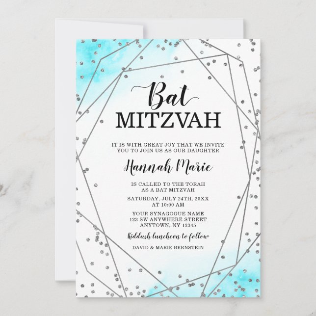 Invitación Purpurina  Geométrico De Plata verde azulada Mitzv (Anverso)