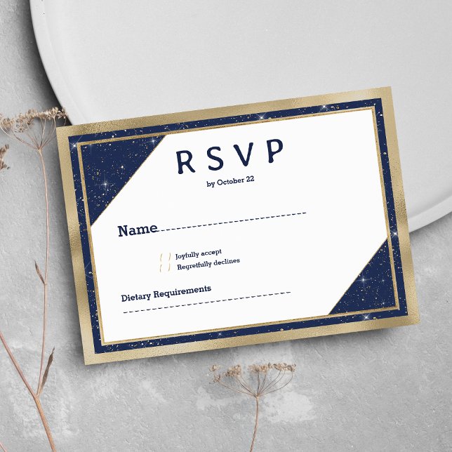 Invitación Purpurina geométrico RSVP azul marino de oro blanc (White gold navy blue glitter geometric RSVP )