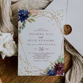 Invitación Purpurina Geométrico Rústico de Oro y Boda Floral